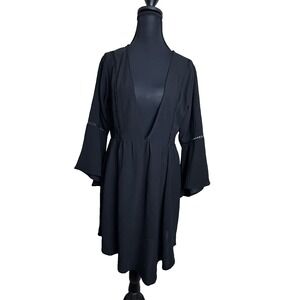 Boho Women's Small Black Bell‎ Sleeve Dress Crochet Trim V-Neck Festival Witchy